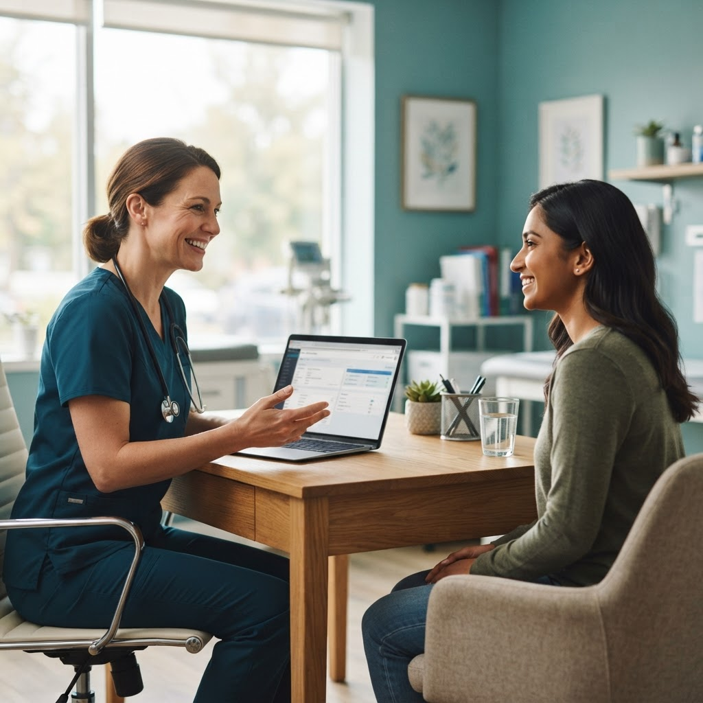 A doctor reviewing a patient's medical history on a laptop during consultation
