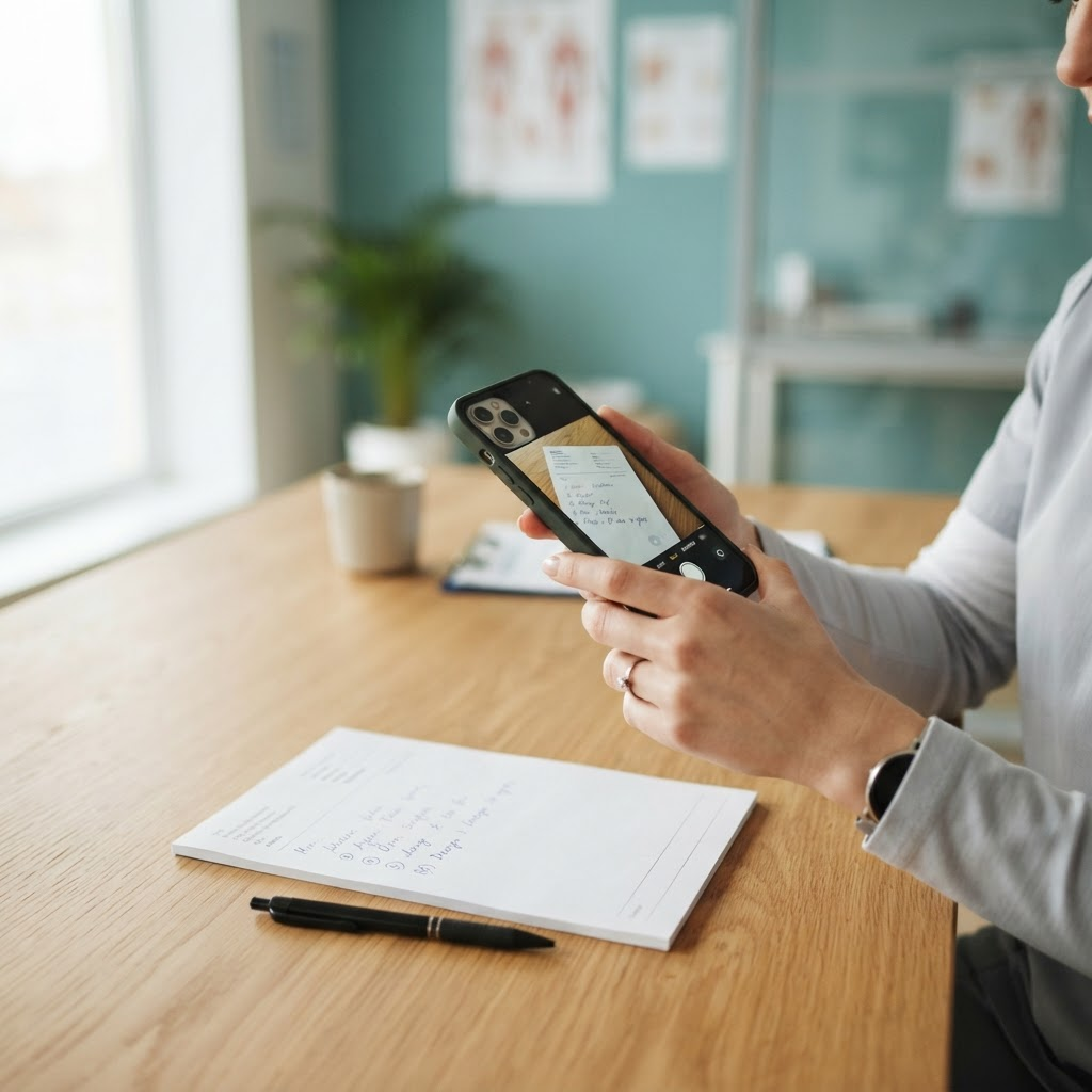 A staff member photographing a handwritten paper prescription with a smartphone